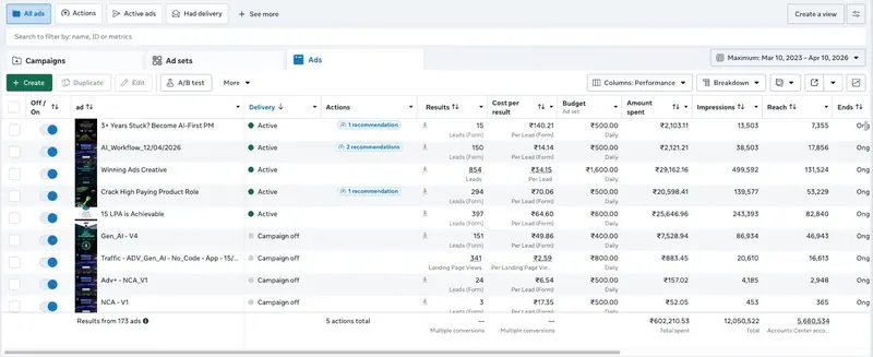 Meta Ads Manager individual ad-level performance